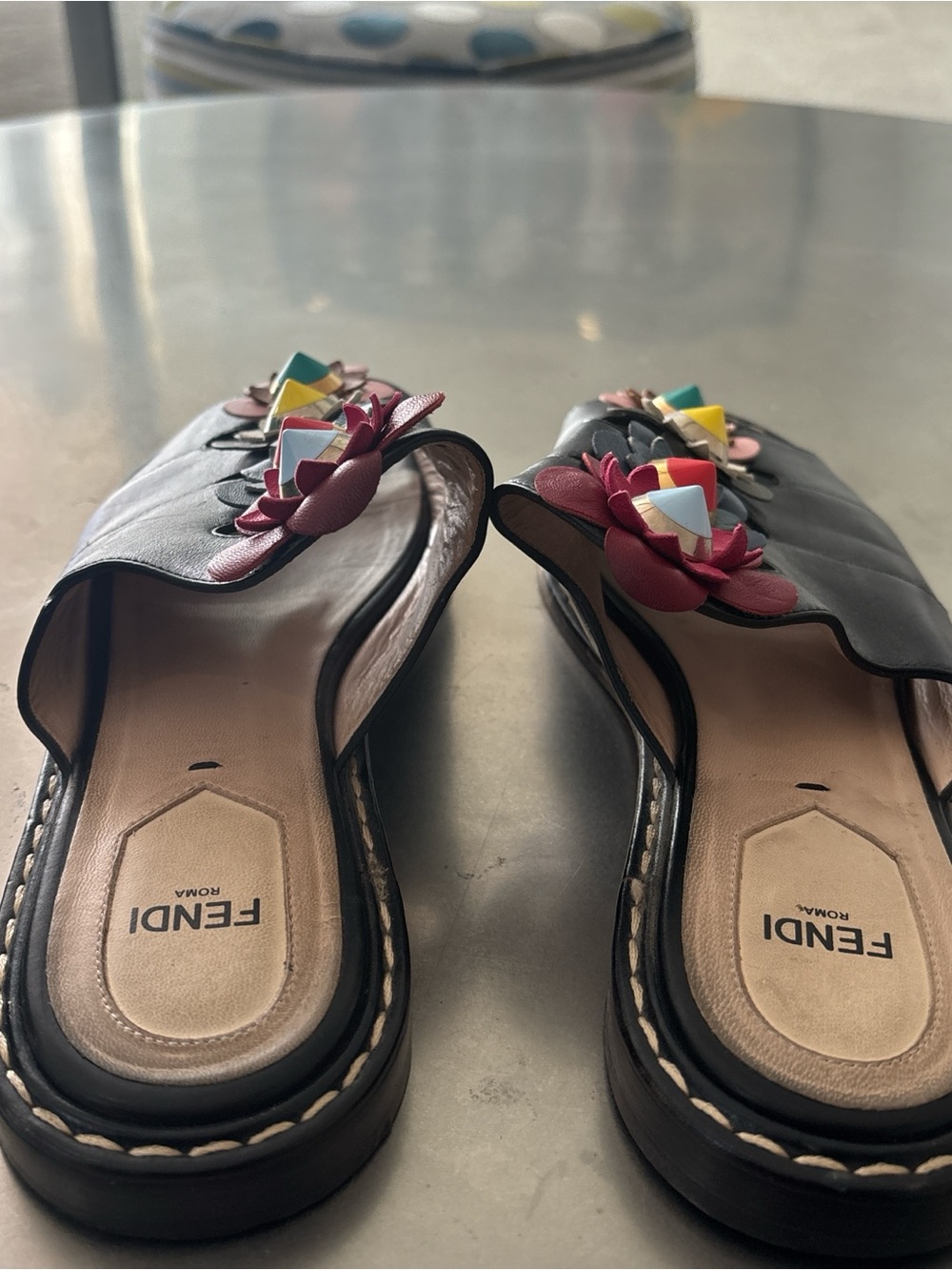 Fendi Black Leather Slide Mules with Multicolor Floral Studs - Picture 3 of 3